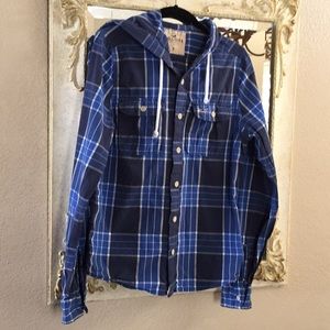 Hollister shirt. Button front with hood. Blue. M